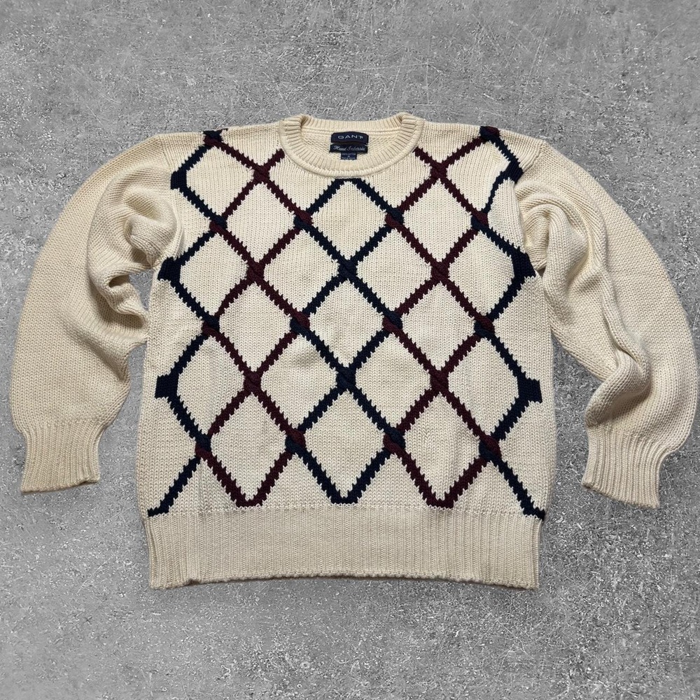 GANT Hand Intarsia Cotton Sweater Diamond Pattern Navy Burgundy Cream Mens M